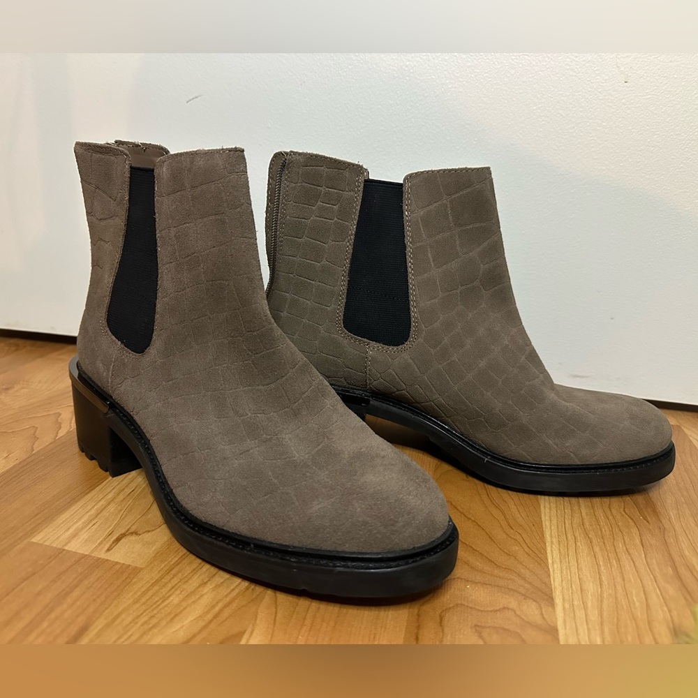 Vince Camuto Taupe Suede Croc-Embossed Chelsea Ankle Boots